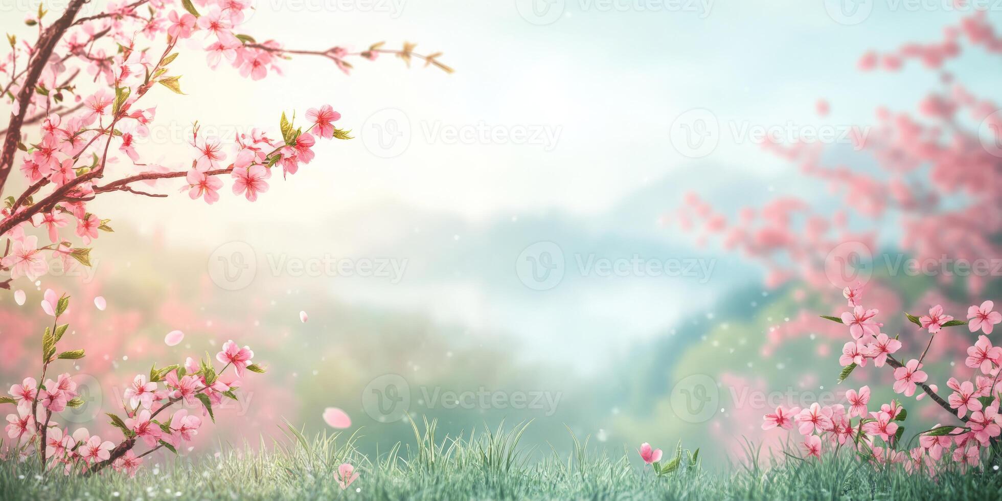 A beautiful and serene springtime backdrop that features an array of blossoming flowers and a soft, dreamy landscape, creating the perfect setting for cultivating a tranquil and peaceful atmosphere photo