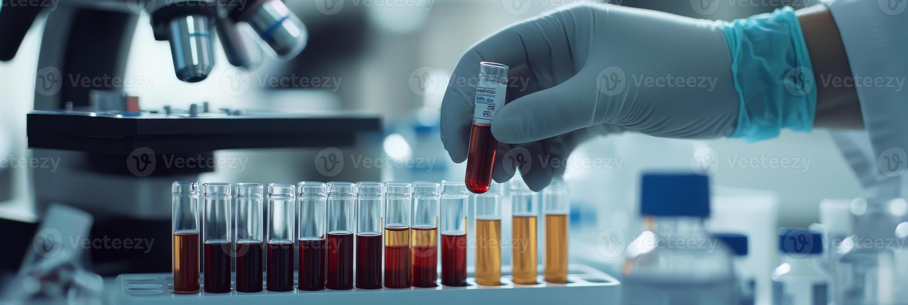 The image shows a hemoglobin typing test crucial for thalassemia diagnosis, featuring organized blood samples in a sterile lab, highlighting the importance of precision for reliable results photo