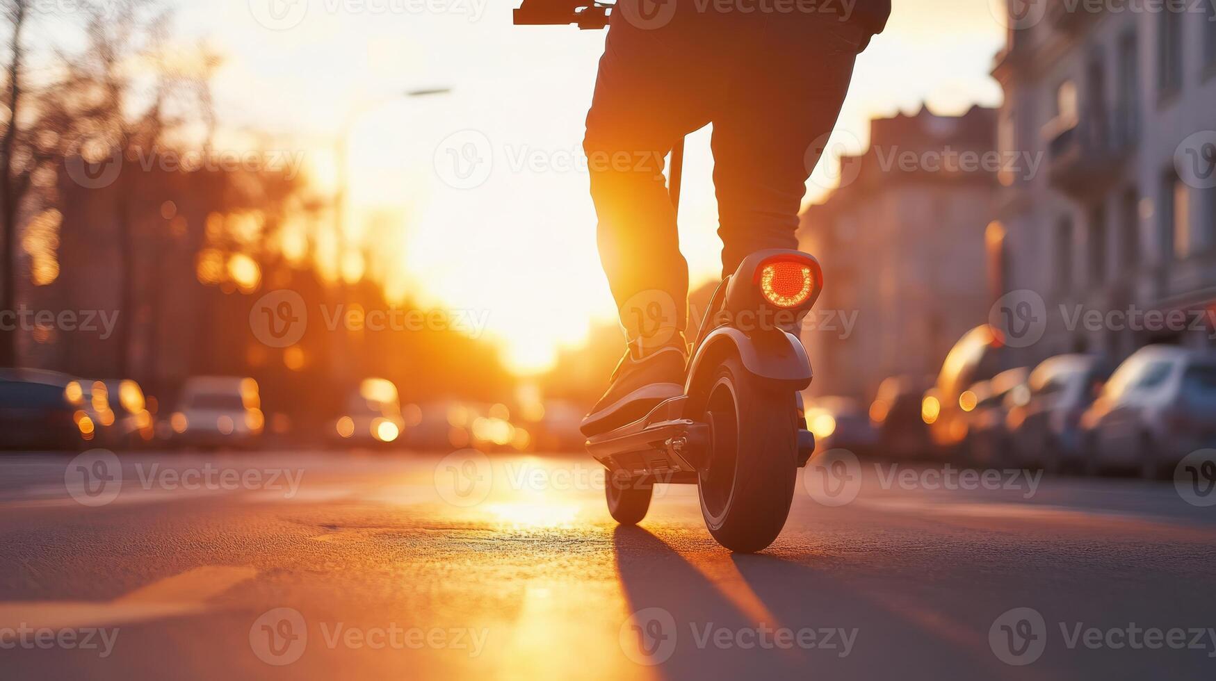 A person rides an electric scooter down a busy city street at sunset, showcasing the joys of ecofriendly commuting, which is more sustainable and efficient than traditional methods photo
