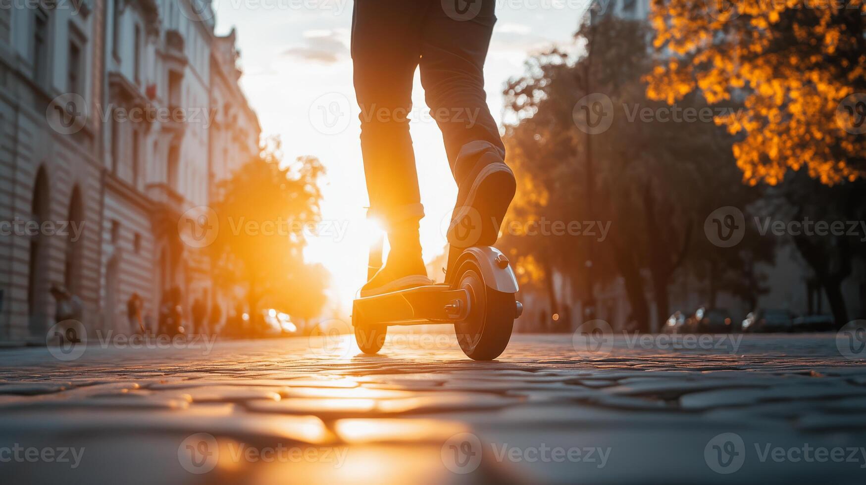 An individual rides a stylish electric scooter down a bustling city street at sunset, showcasing urban mobility and the importance of ecofriendly transportation solutions in modern life photo