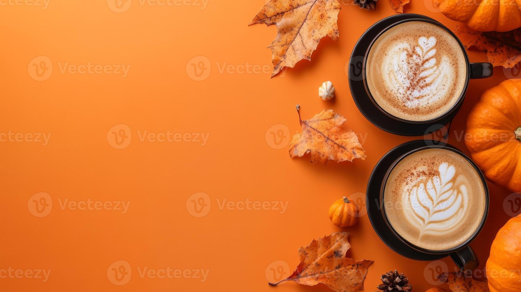 Savor a warm and cozy pumpkin latte surrounded by delightful autumn decorations, which are perfect for Thanksgiving and all fall festivities, beautifully reflecting the enchanting essence of October photo
