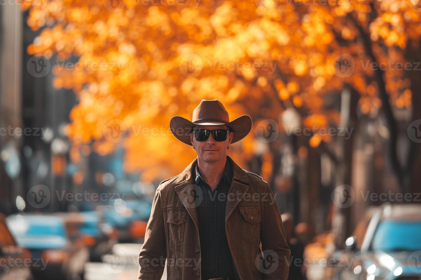 A stylish man in a cowboy hat and sunglasses walks confidently through a vibrant autumn scene, showcasing his unique western style in a lively urban setting, blending tradition with modern flair photo