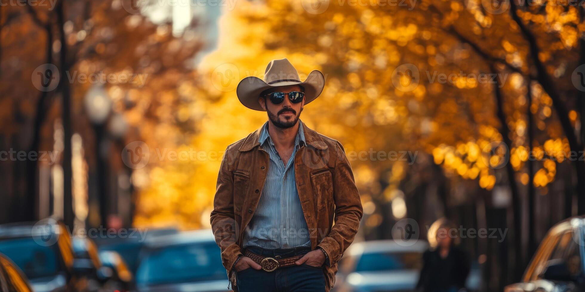 A man confidently standing in a cowboy hat and stylish sunglasses in the midst of a vibrant autumn setting, surrounded by an array of colorful fall foliage, city elements, and natural beauty photo