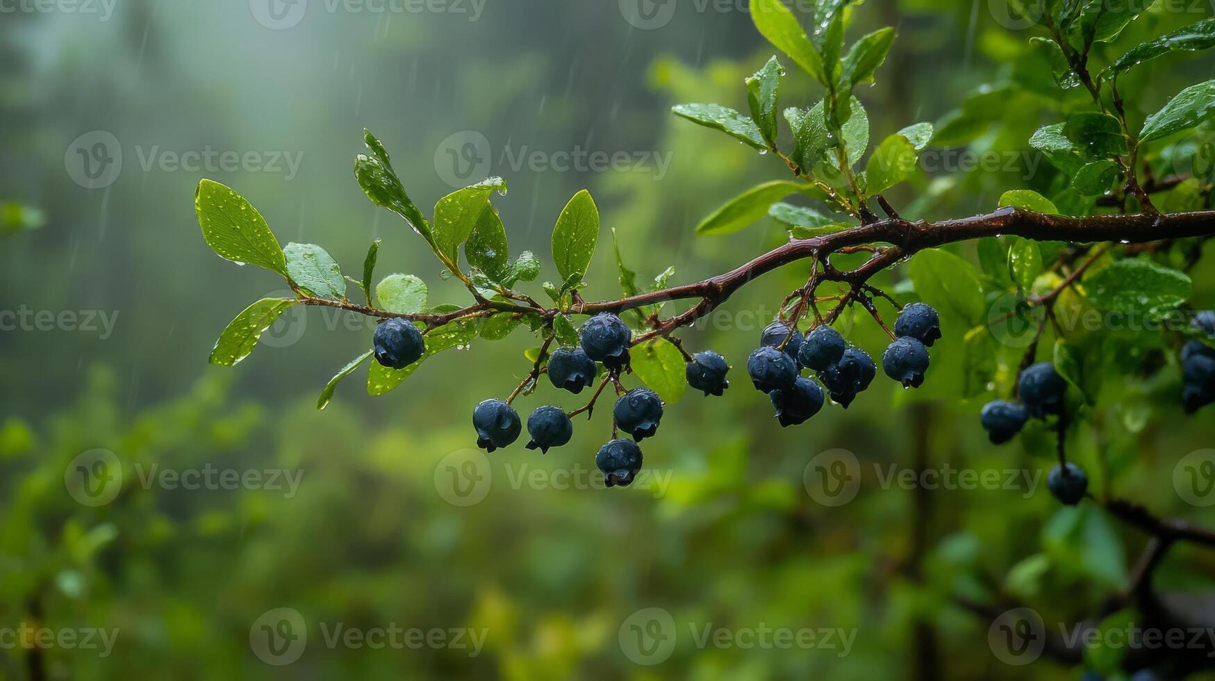 A beautiful branch heavily laden with plump wild blueberries, perfectly depicted in a lush, rainy forest environment, showcasing the remarkable beauty and bountiful offerings of nature all around photo