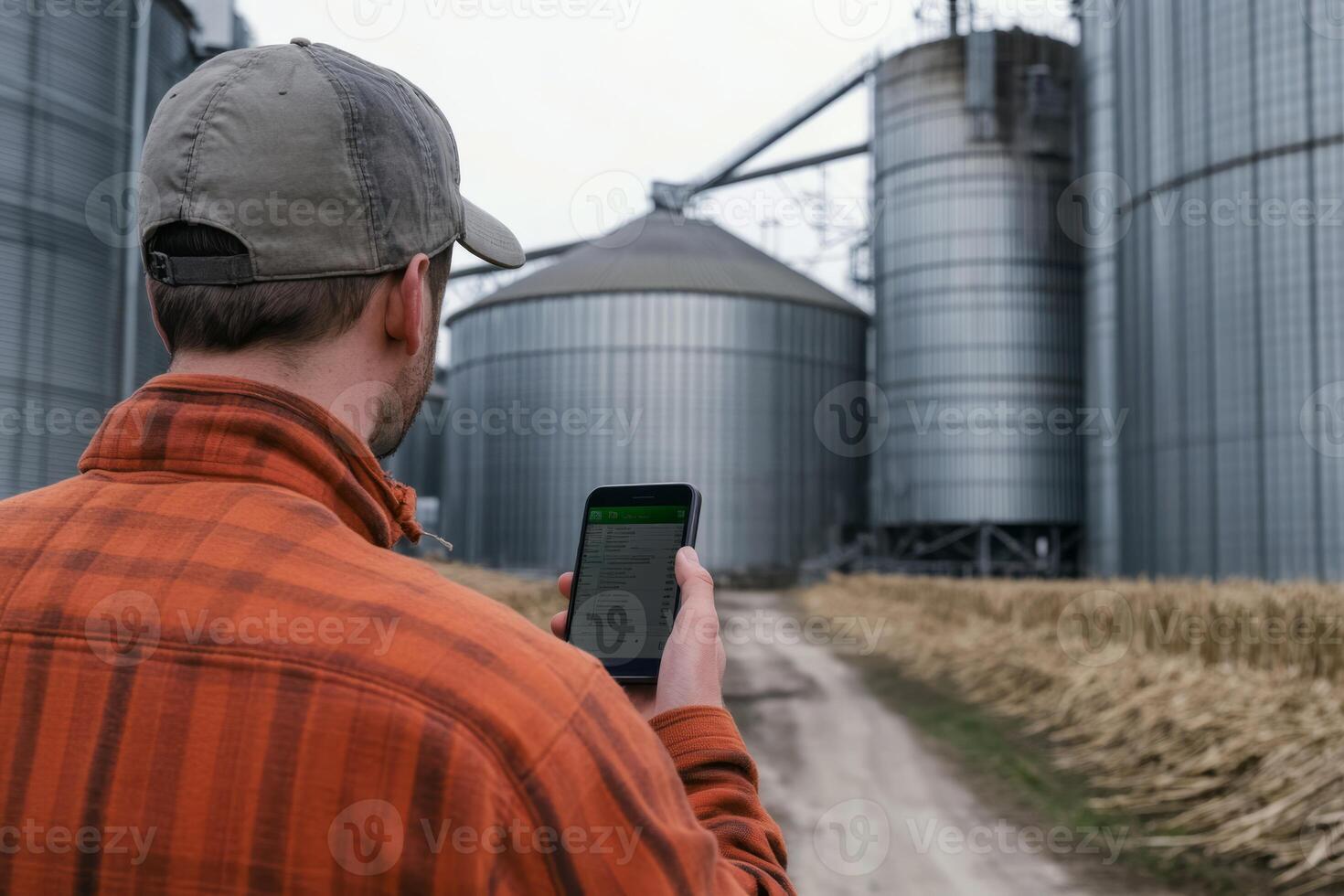 A farmer attentively checks a smartphone while overseeing the grain storage silos on the farm, highlighting the significant intersection of agriculture and technology in modern farming practices photo