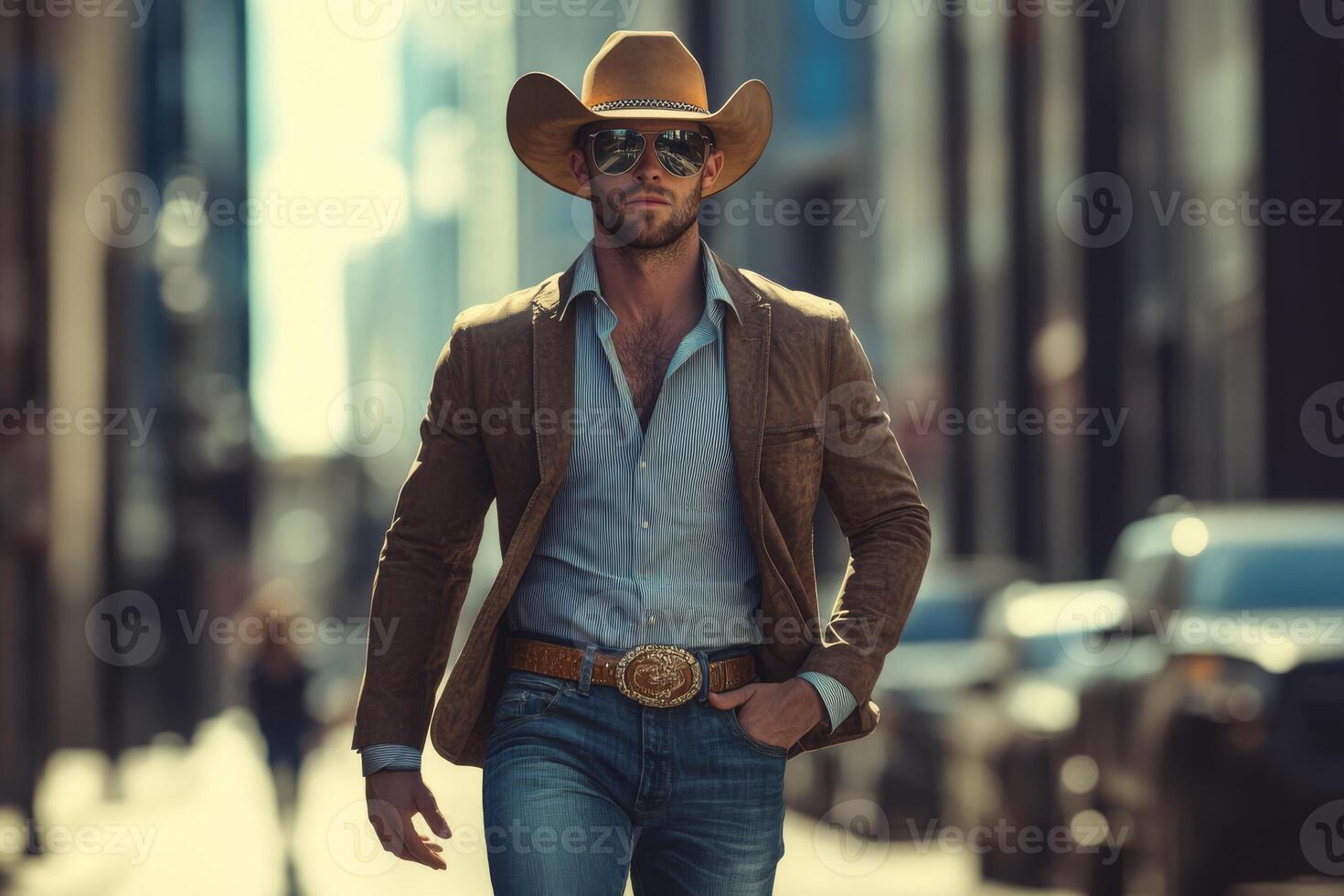 A fashionable man confidently struts down a bustling city street while wearing a stylish cowboy hat and trendy sunglasses, perfectly capturing the essence of autumn alongside Western style photo
