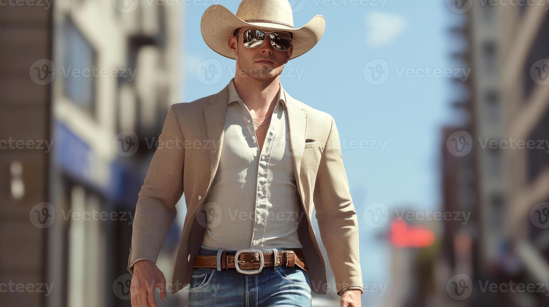 A stylish man in a trendy cowboy hat and sleek sunglasses confidently walks through the city, blending western style with urban sophistication, captivating onlookers with his charm and charisma photo