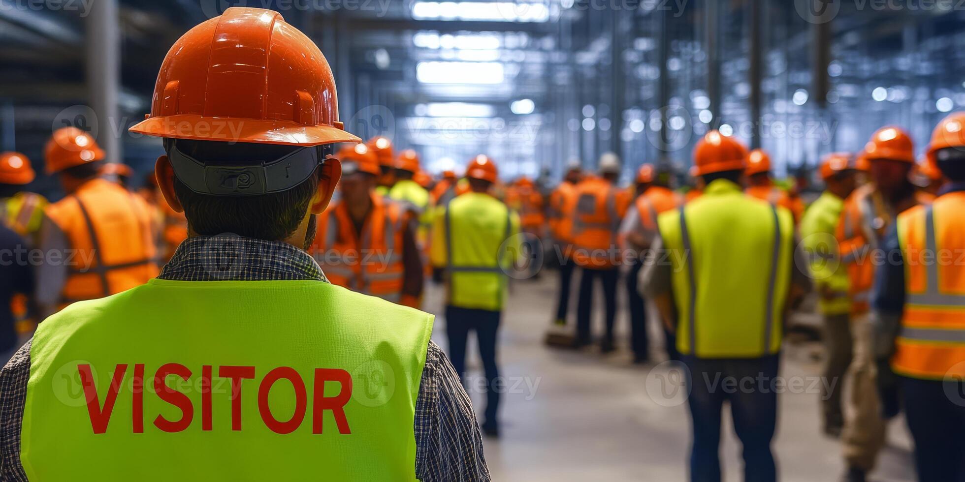 A diverse group of diligent workers and a visitor, both in safety gear at a bustling construction site, highlights the importance of safety protocols and teamwork during an industrial tour photo