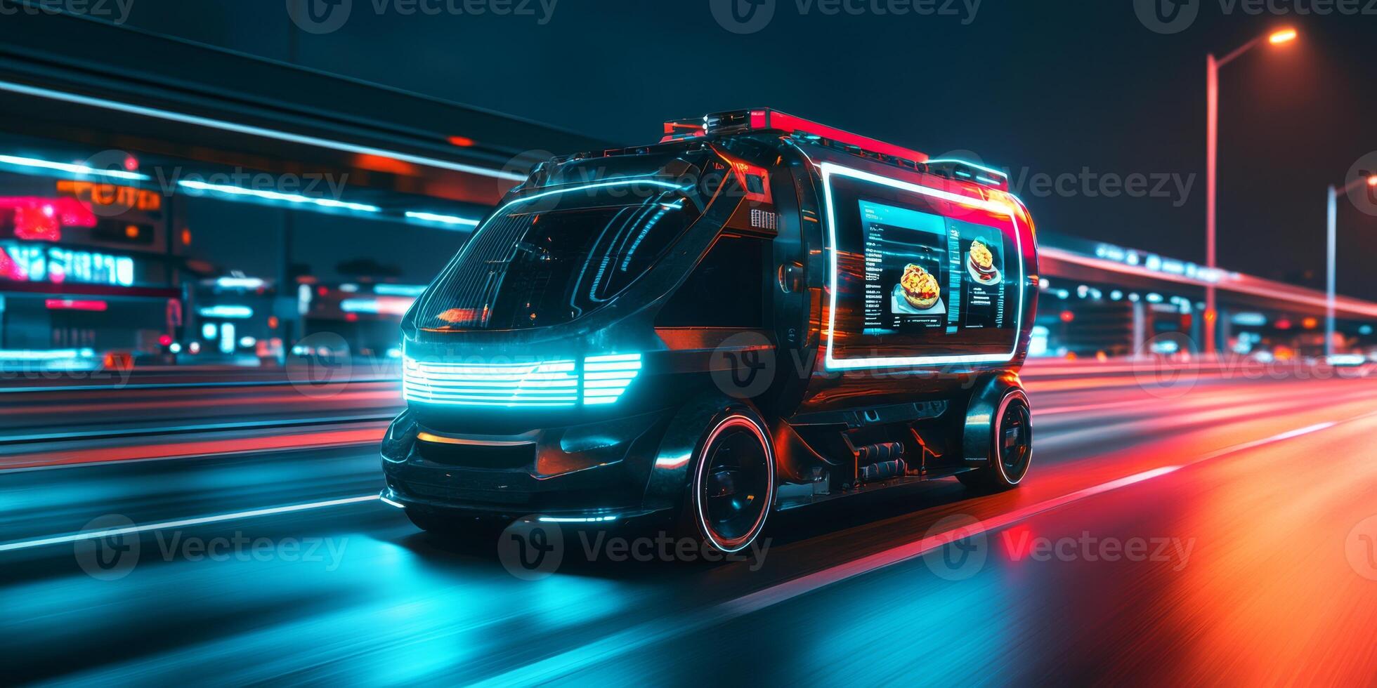 Imagine a sleek, selfdriving van for efficient urban package delivery, easily tracked via a smartphone app, highlighting the future of logistics, connectivity, and convenience in cities photo