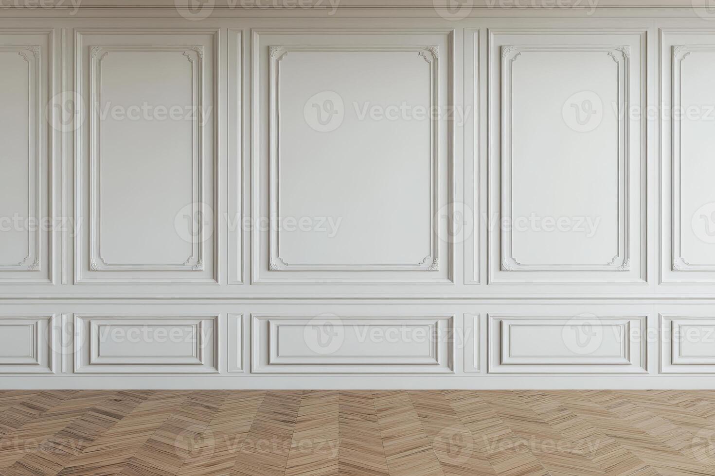 The serene interior features white textured walls and smooth parquet flooring, showcasing a minimalistic design combined with classic architectural elements that evoke tranquility photo