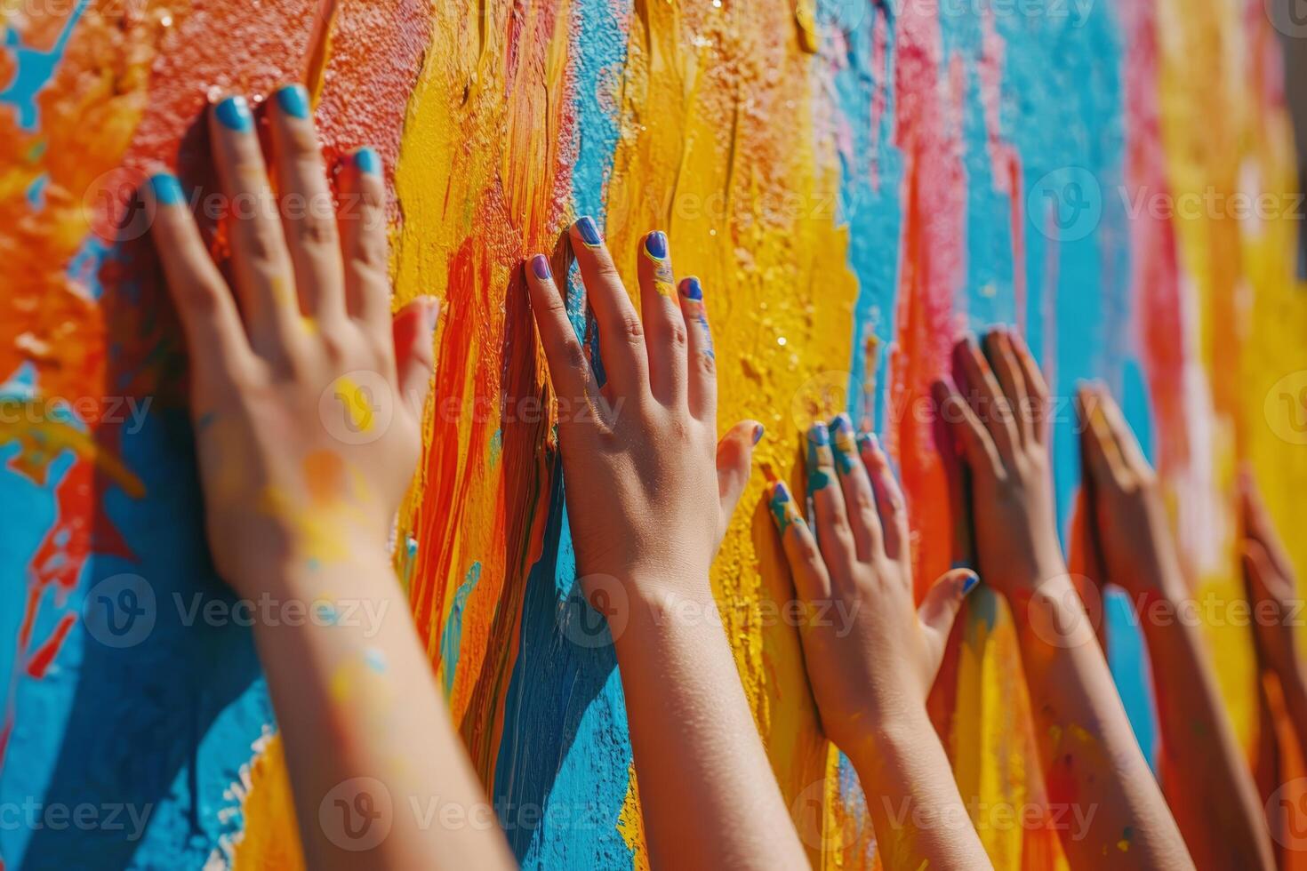 A vibrant mural, which beautifully showcases an array of painted childrens hands, symbolizes the importance of teamwork and community spirit that is fostered through the power of creativity and art photo