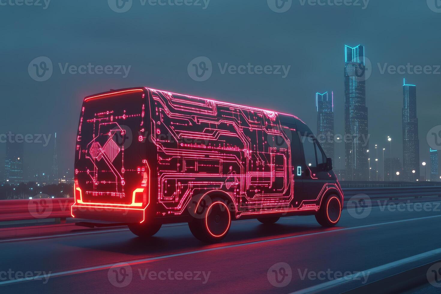 Imagine a selfdriving van delivering packages in busy cities, managed by an app for optimized tracking. This embodies the future of logistics, blending innovation and sustainability photo