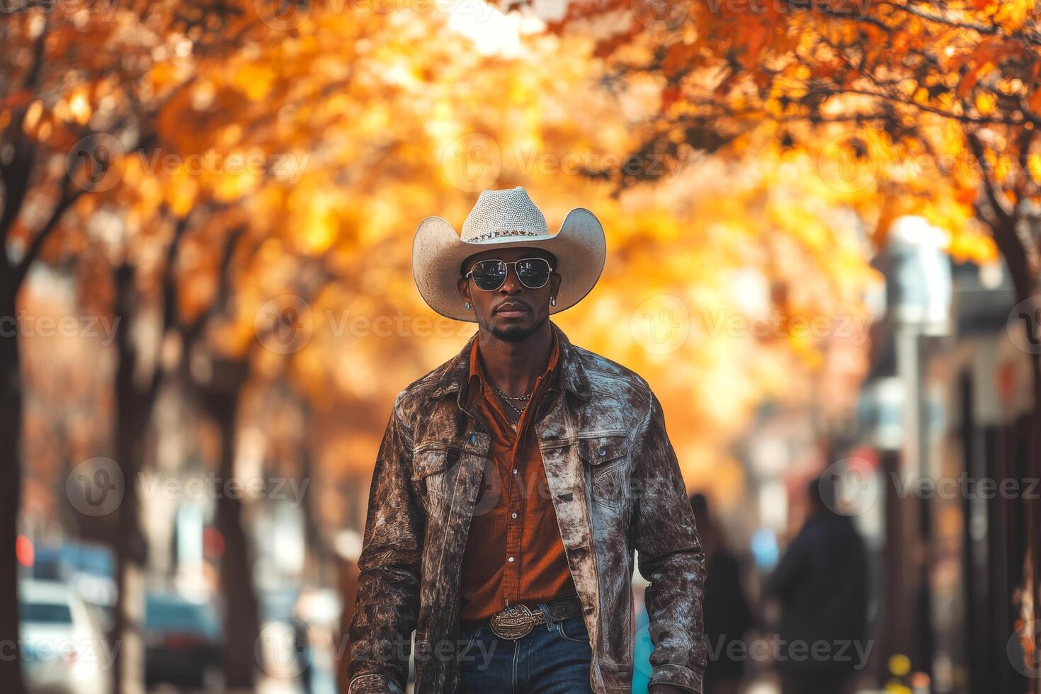A stylish man, confidently strutting through an enchanting autumn landscape, wears a trendy cowboy hat and sleek sunglasses while being surrounded by the vibrant, fiery orange foliage of the season photo