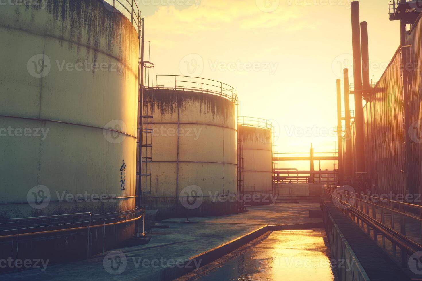 An expansive industrial scene features large oil storage tanks, illuminated by a warm sunset glow, reflecting the fossil fuel industrys significant impact on the environment and economy photo