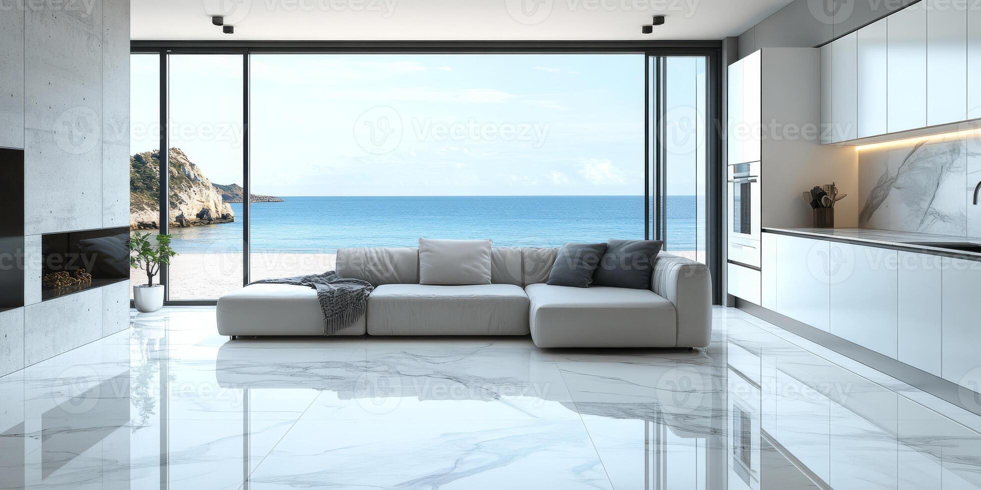This minimalist kitchen features highgloss white cabinets, stunning waterfall edge countertops, and elegant pendant lights, creating a sleek, modern atmosphere ideal for cooking and entertaining photo