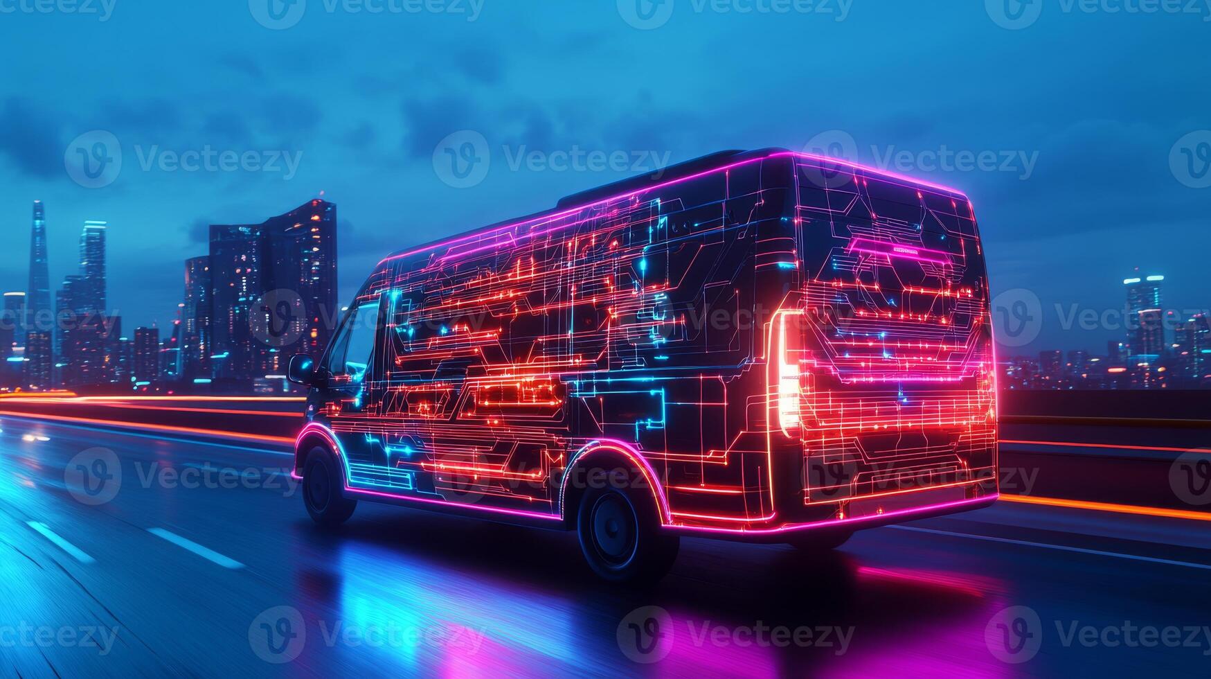 A neonlit selfdriving delivery van exemplifies the future of package delivery. Users track its GPS location via an app, enhancing efficiency in urban logistics and everyday life photo