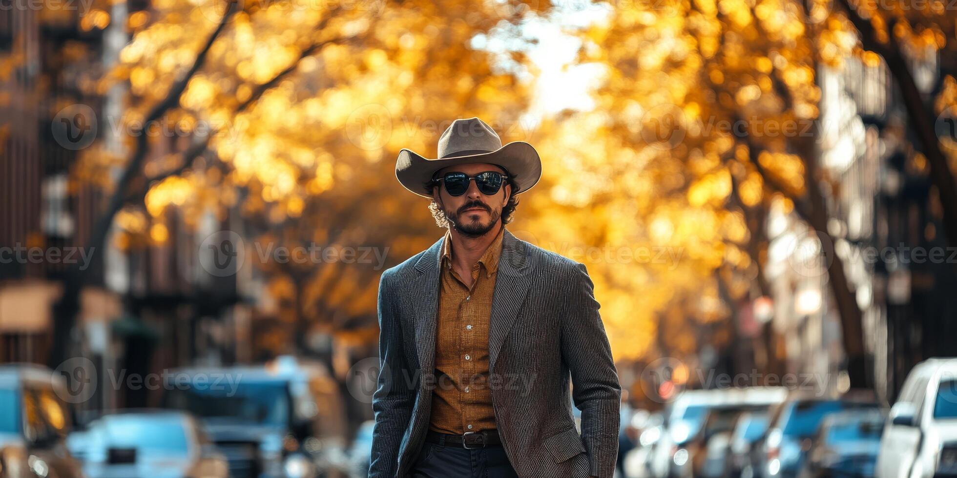 A welldressed man in a classy suit, stylish cowboy hat, and fashionable sunglasses strolls through a picturesque autumn setting, with vibrant leaves painting the background in rich fall hues photo