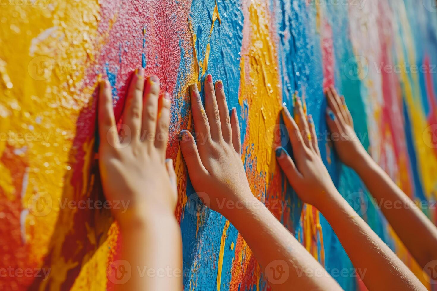A vibrant mural of colorful childrens handprints beautifully illustrates teamwork and collaboration, showcasing the joyful community spirit that unites us in a sense of togetherness and harmony photo