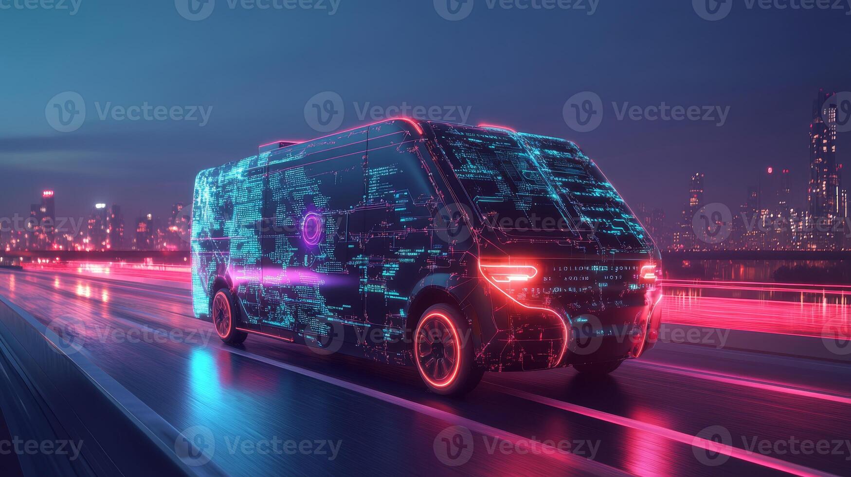 A selfdriving delivery van uses advanced GPS technology for efficient package delivery in a busy city, highlighting the future of logistics and convenience via a userfriendly smartphone app photo