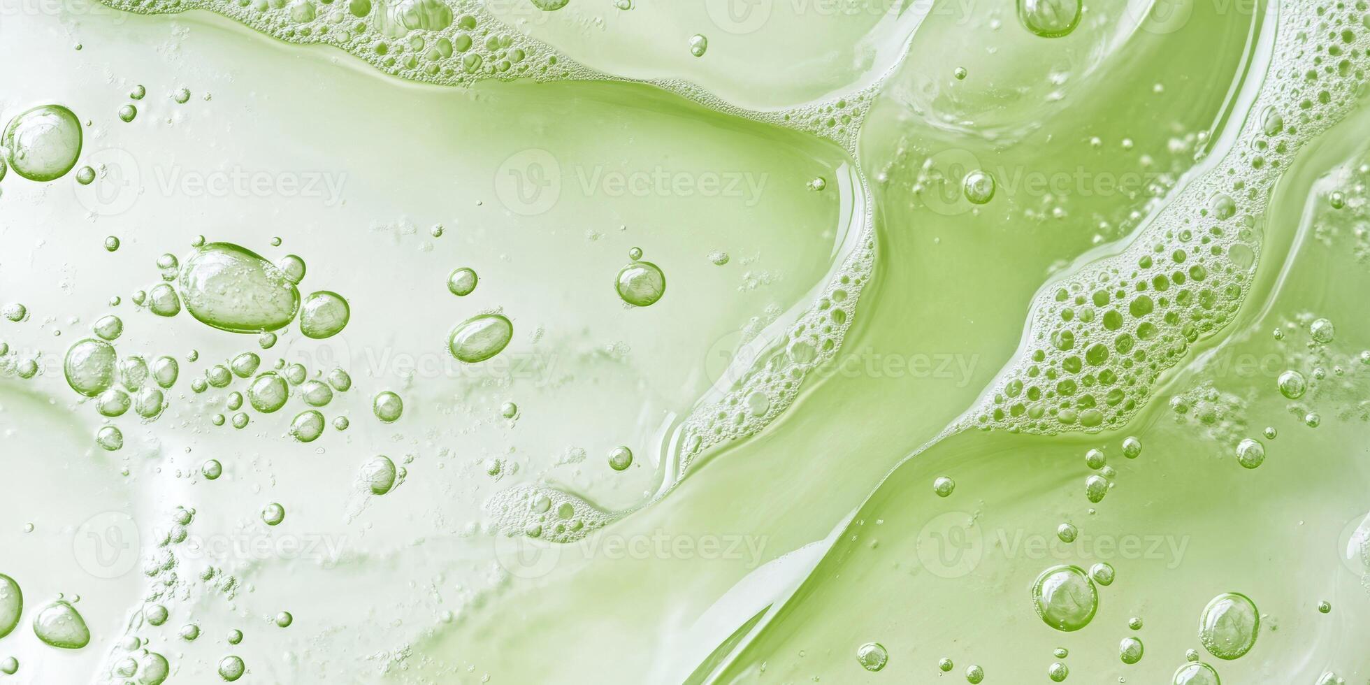 This image presents a macro view of a vibrant green serum featuring visible bubbles, which together embody a sense of freshness and overall wellness, making it ideal for skincare products photo