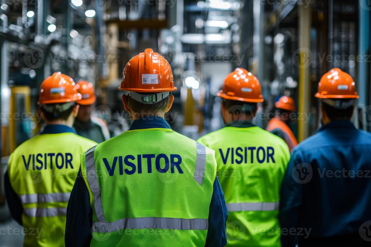 Visitors wearing safety gear like hard hats and colored vests are on a guided tour of an industrial facility, essential for ensuring workplace safety during the thorough inspection photo