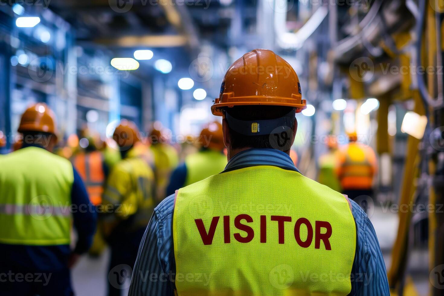 A diligent visitor, wearing safety gear like a hard hat and reflective vest, carefully observes workers performing various tasks at an industrial construction site during a guided tour photo