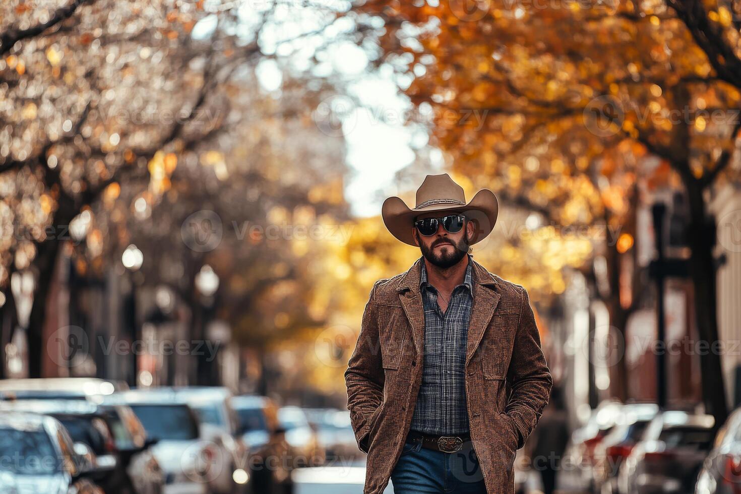 A stylish and fashionable man donned in a trendy cowboy hat and sleek sunglasses calmly strolls through an inviting autumn street, surrounded by vibrant and colorful foliage that enhances the scenery photo