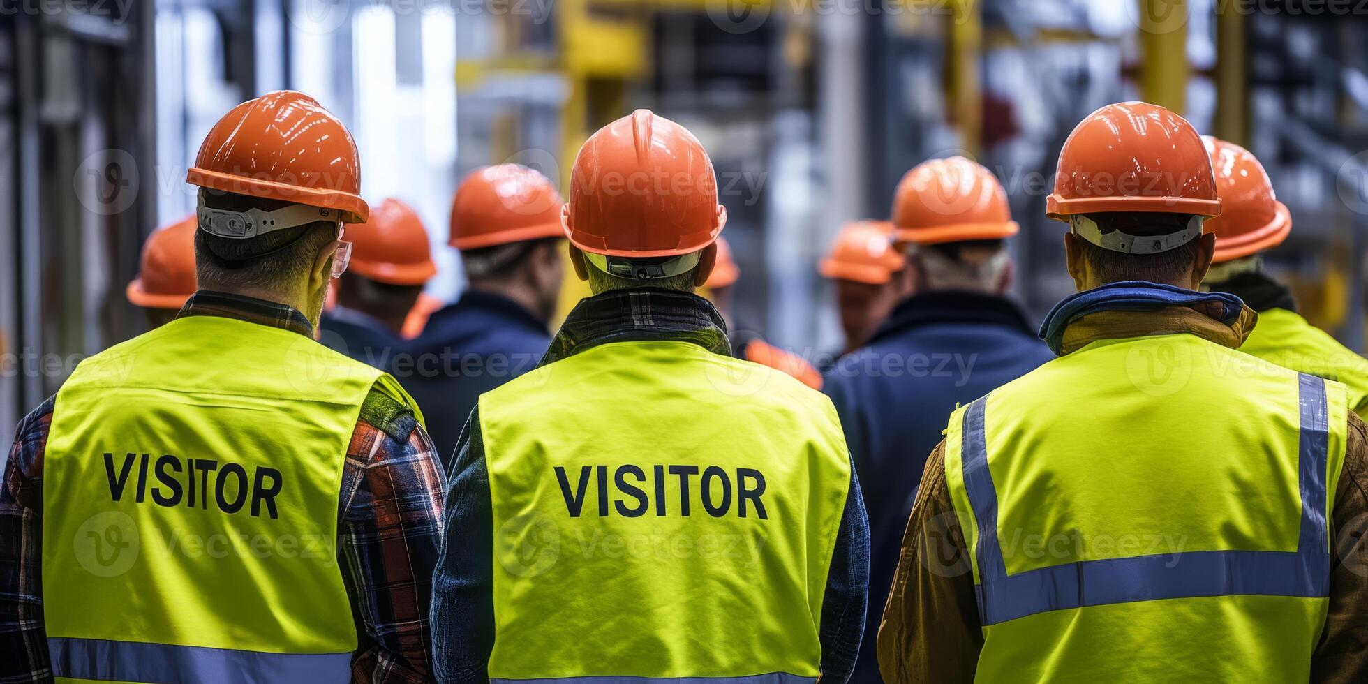 Visitors at an industrial site are required to wear hard hats and brightly colored vests for safety reasons. They must also observe and adhere to workplace protocols very closely during their visit photo