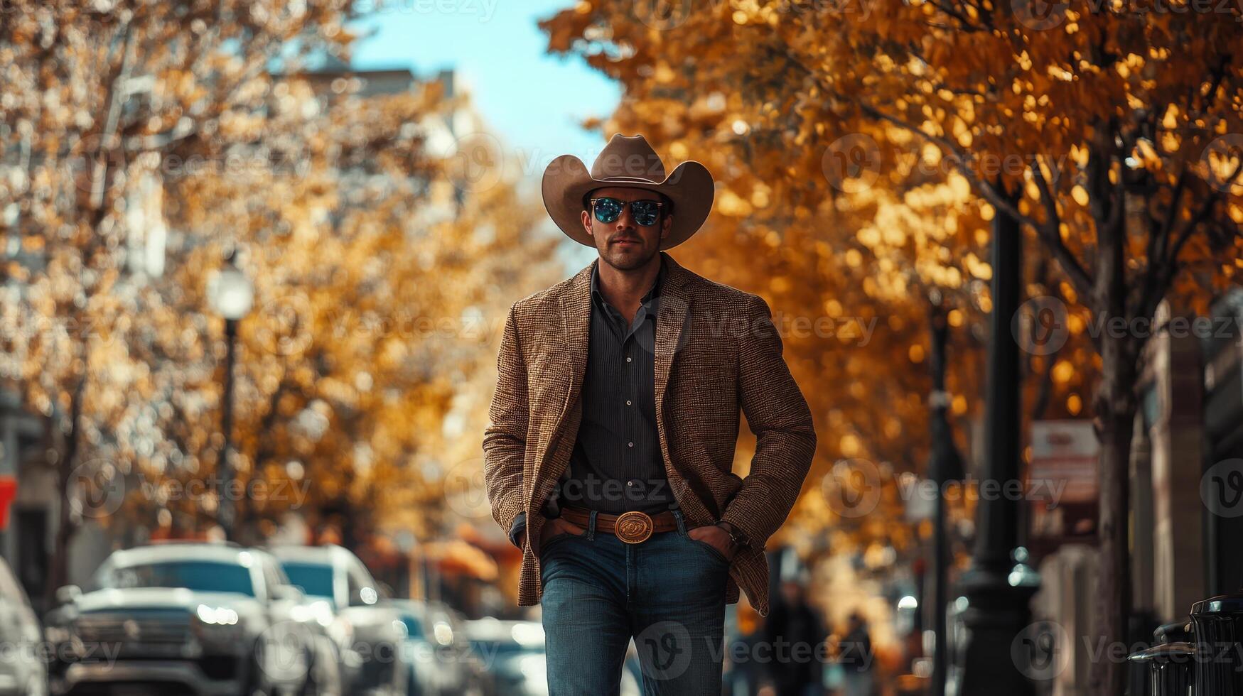 A dapper man, wearing a stylish cowboy hat paired with trendy sunglasses, takes a leisurely stroll through a vibrant autumn landscape, effortlessly embodying a unique Western vibe that stands out photo