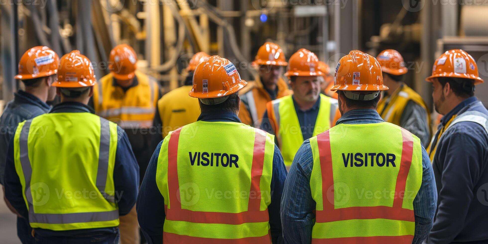 Visitors in safety gear are touring a busy construction site, highlighting the importance of safety measures during inspections to ensure workplace safety and protect all involved photo