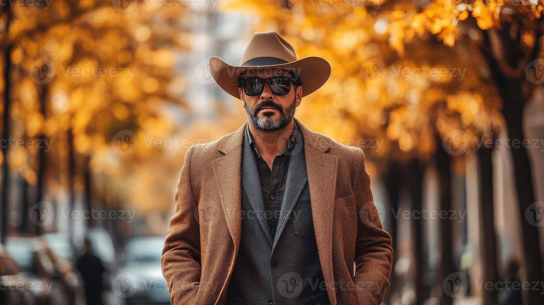 A stylish and fashionable man, donning a classic cowboy hat and trendy sunglasses, leisurely strolls through a picturesque autumnthemed street, embellished with vibrant trees all around him photo