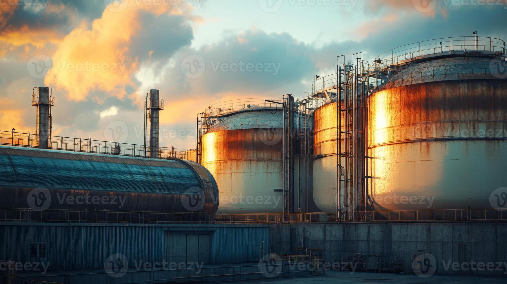 An expansive industrial complex showcasing several large storage tanks and towering cooling structures, effectively emphasizing the significant oil and gas industry during the tranquil hour of dusk photo