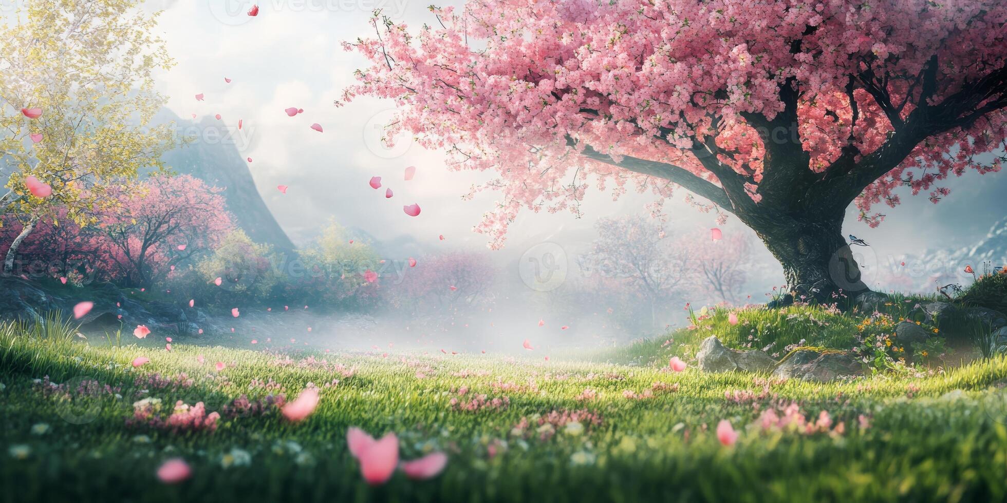 A serene spring landscape features a stunning cherry blossom tree amid soft mist and lush greenery, creating an inviting atmosphere of peace, renewal, and relaxation in natures embrace photo