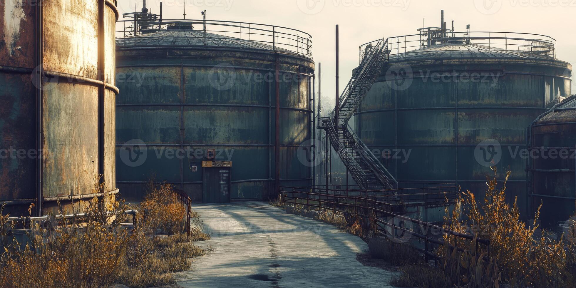 An abandoned industrial area with rusted oil tanks, overgrown vegetation, and a cracked path through a forgotten power facility, reflecting a bygone era of energy production and progress photo