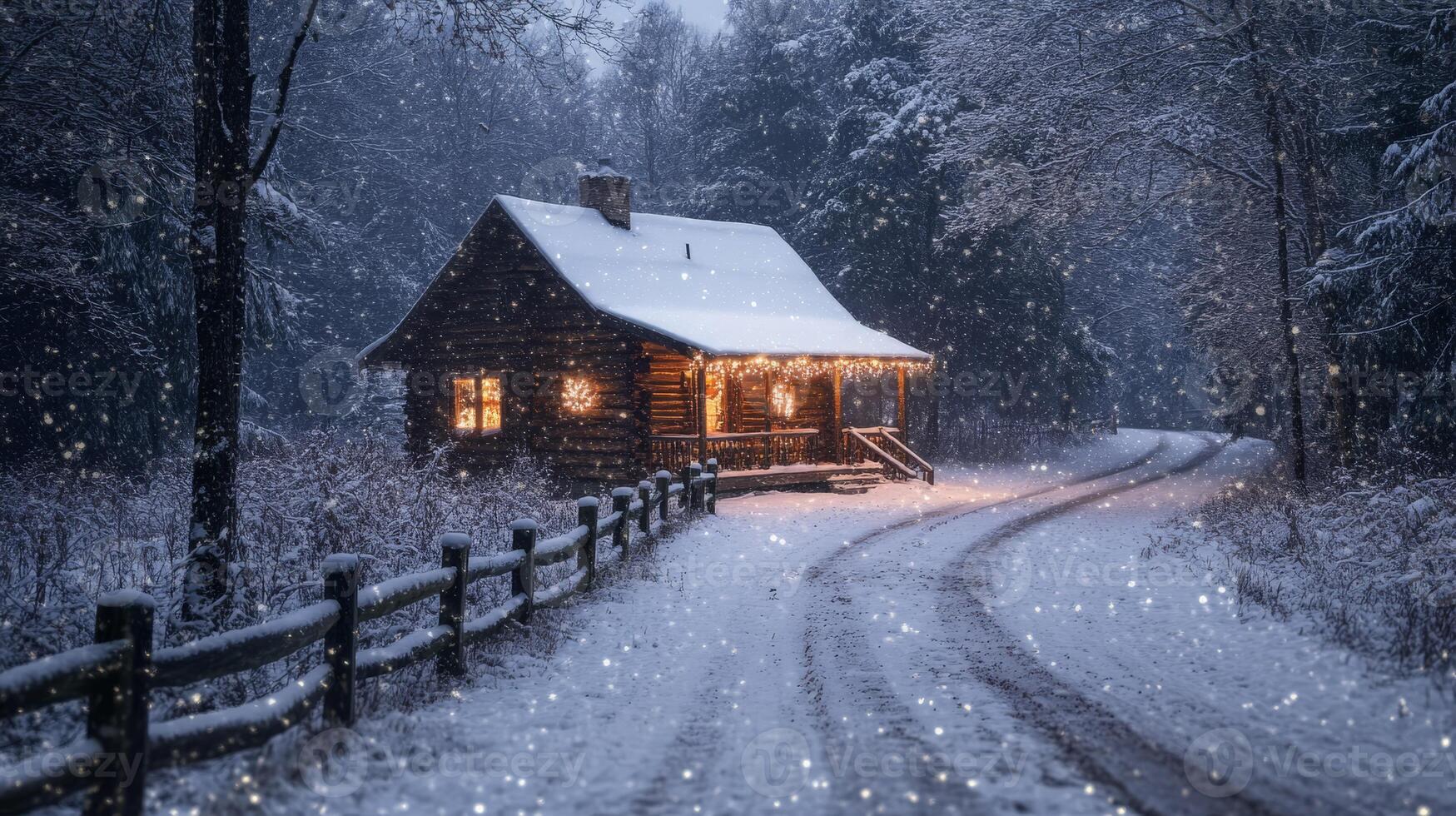 In a snowy village, a charming cottage adorned with twinkling lights stands among serene, snowcovered trees, creating a magical atmosphere that enchants every visitor with its warmth and beauty photo