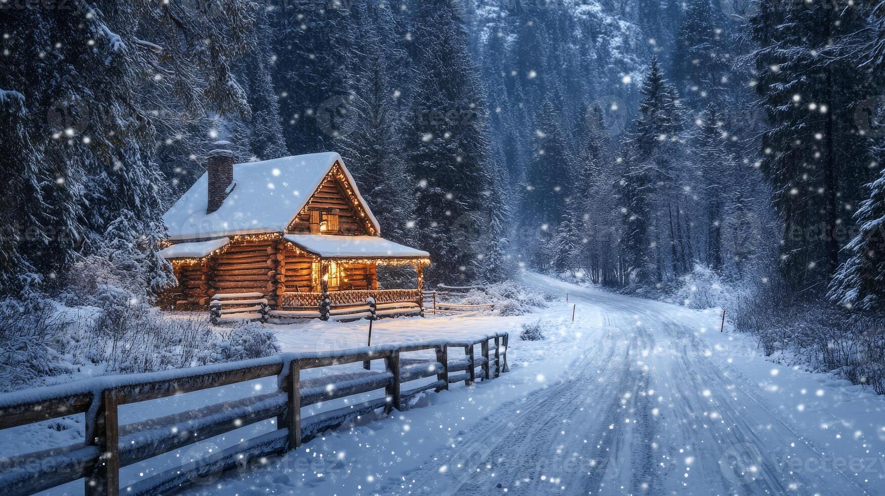 A picturesque and enchanting snowy village scene that features a charming and cozy cottage, twinkling street lamps, and softly falling snowflakes, creating a serene and delightful winter atmosphere photo
