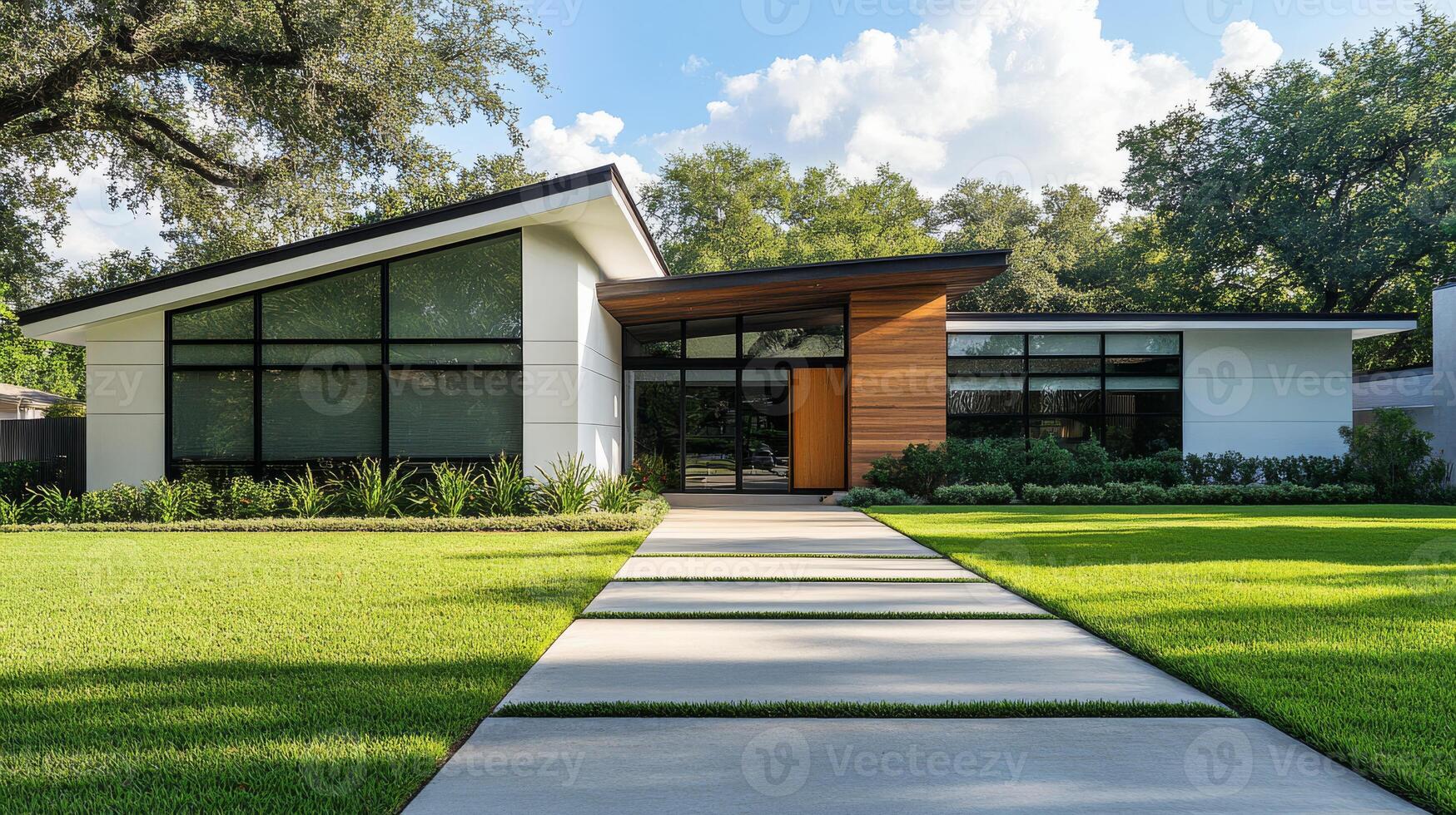 This stunning front view showcases a contemporary white brick home with elegant dark wood accents and a stylish gable roof, creating an inviting charm that effortlessly draws you in photo