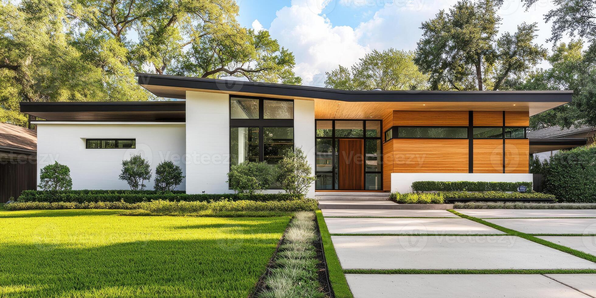 This stunning front view showcases a modern white brick home with dark wood accents and a stylish gable roof, beautifully positioned amidst the lush greenery typical of Beverly Hills photo