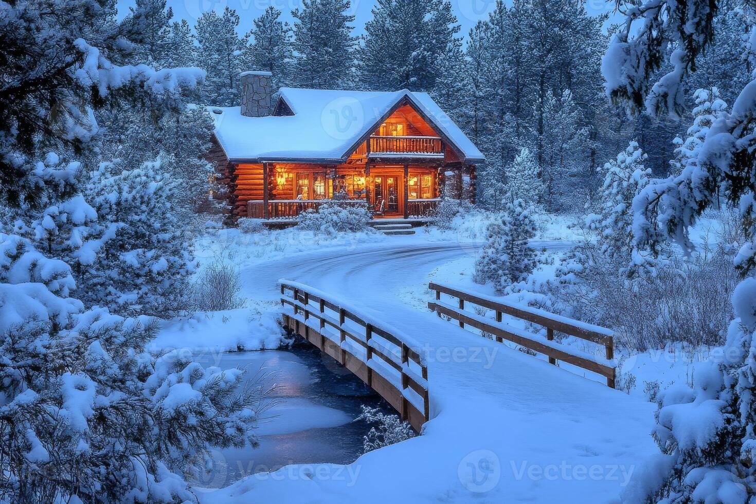 Imagine a cozy cottage in a tranquil winter scene, covered in soft snow, with glowing street lamps lining the path, creating an inviting atmosphere for relaxing evening strolls under the stars photo