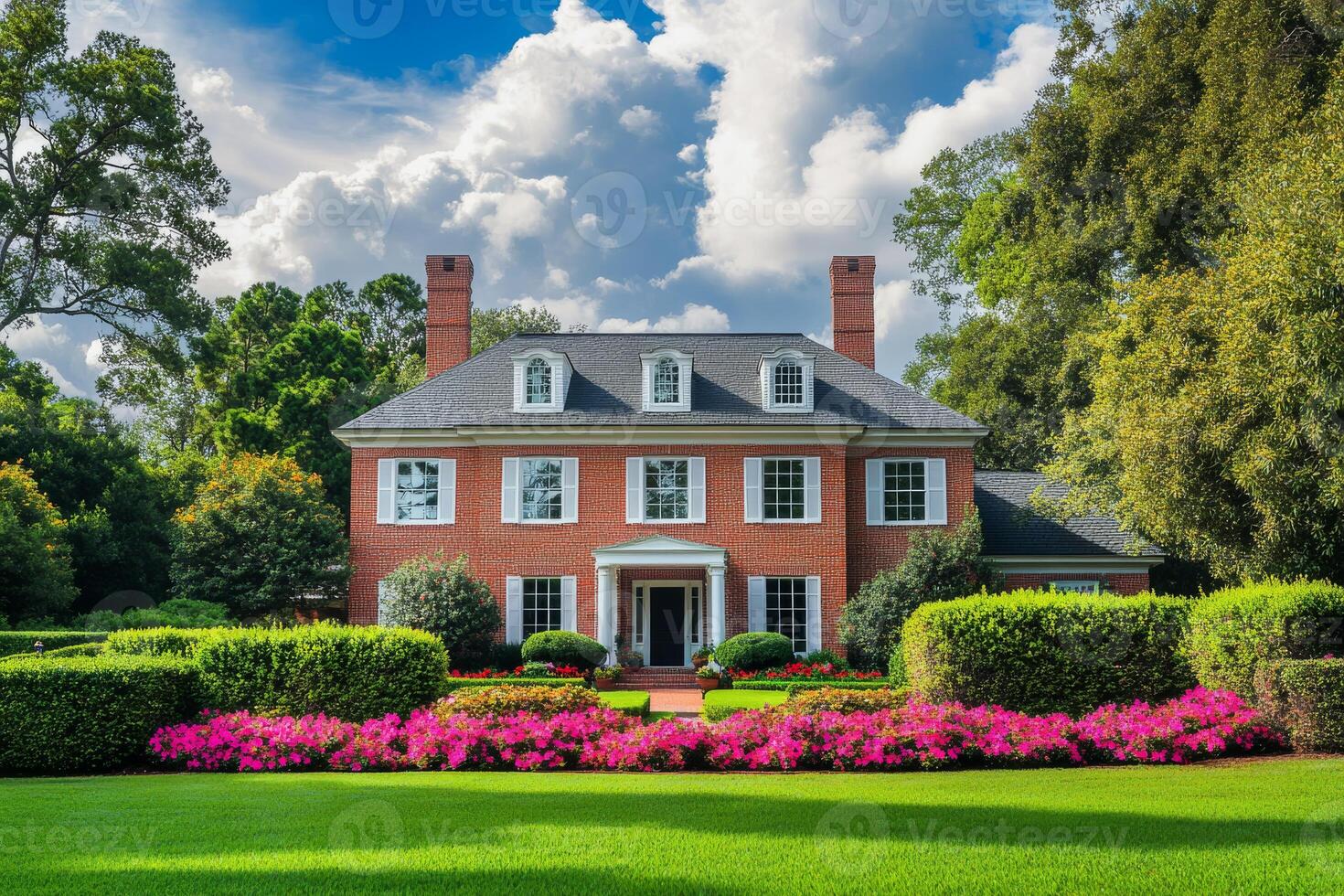 This stunning red brick home features elegant white accents, stylish black shutters, and is surrounded by lush greenery, all set within a serene suburban community that offers a peaceful atmosphere photo