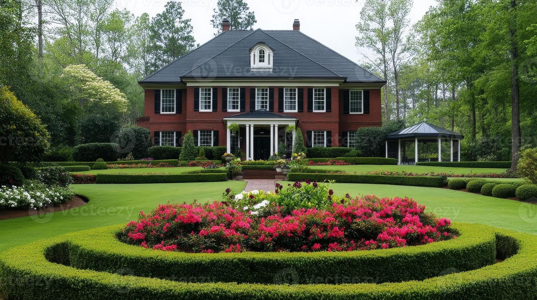 A stunning red brick house with elegant white accents and black shutters is nestled in a lush garden, showcasing the charm of peaceful suburban living in Georgia, making it a perfect retreat photo