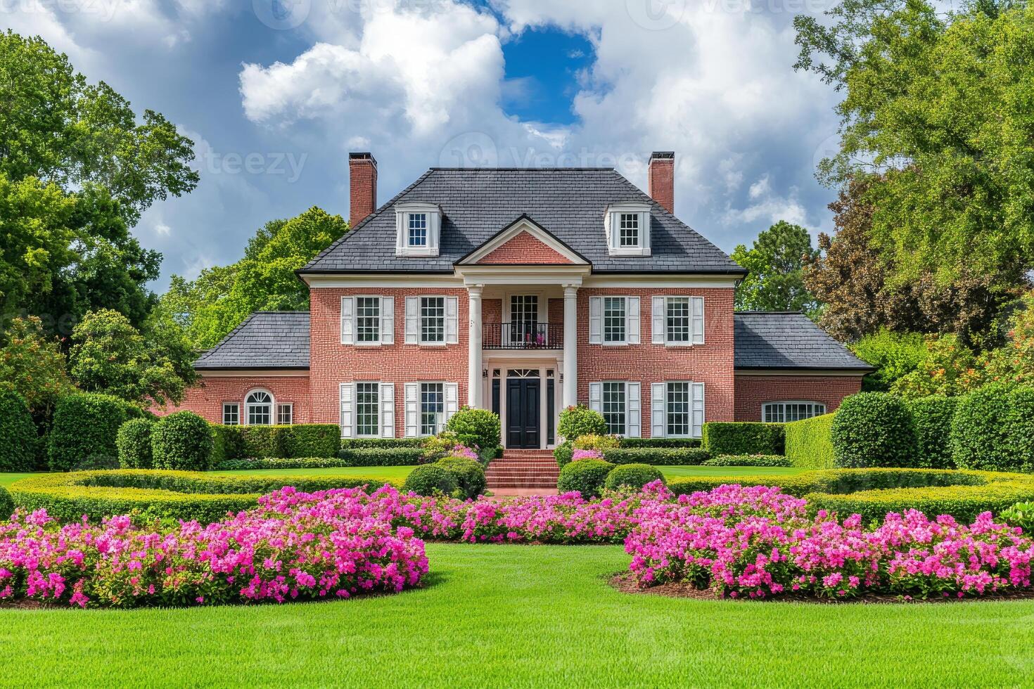 Imagine a charming red brick home with white accents and striking black shutters, set in a vibrant suburban landscape brimming with colorful flowers and lush greenery that enhance its appeal photo