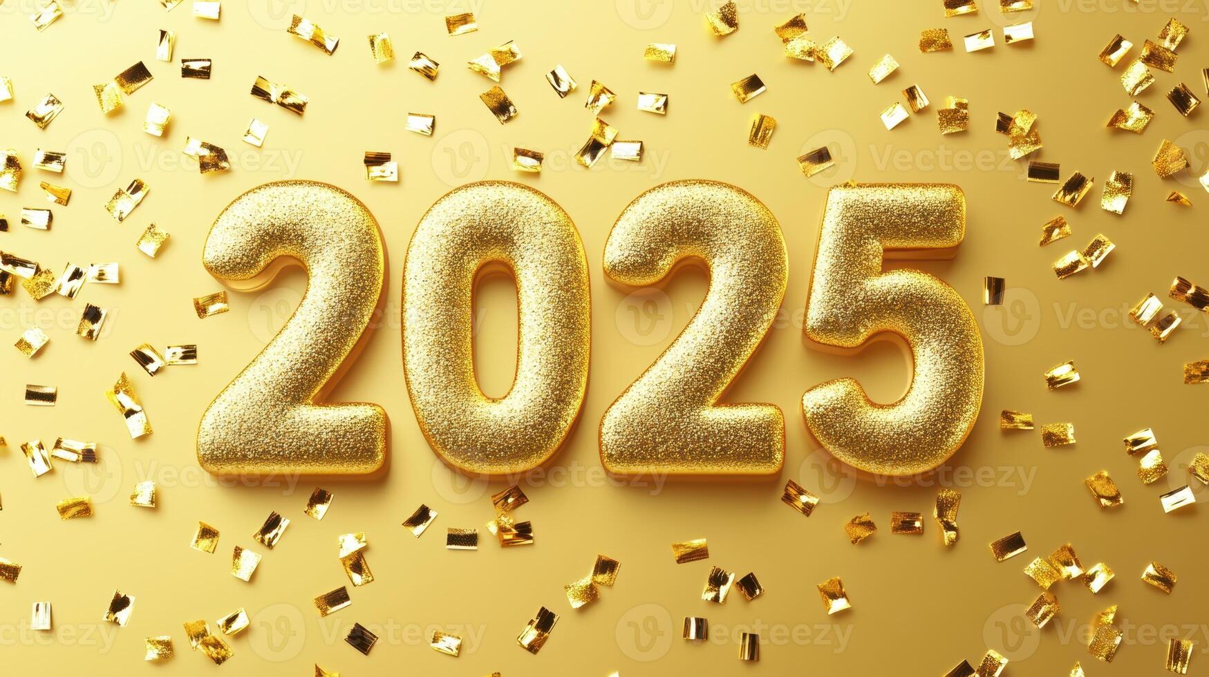 Festive golden 2025 numbers with confetti on a bright yellow background. photo