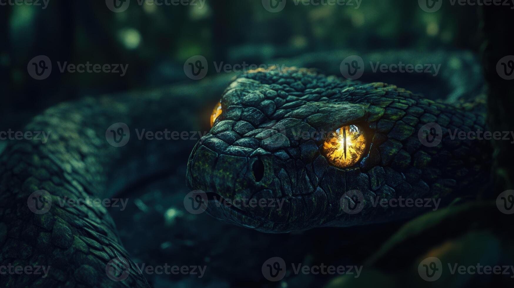 Mystical green wooden snake with glowing eyes, creating a sense of mystery. photo
