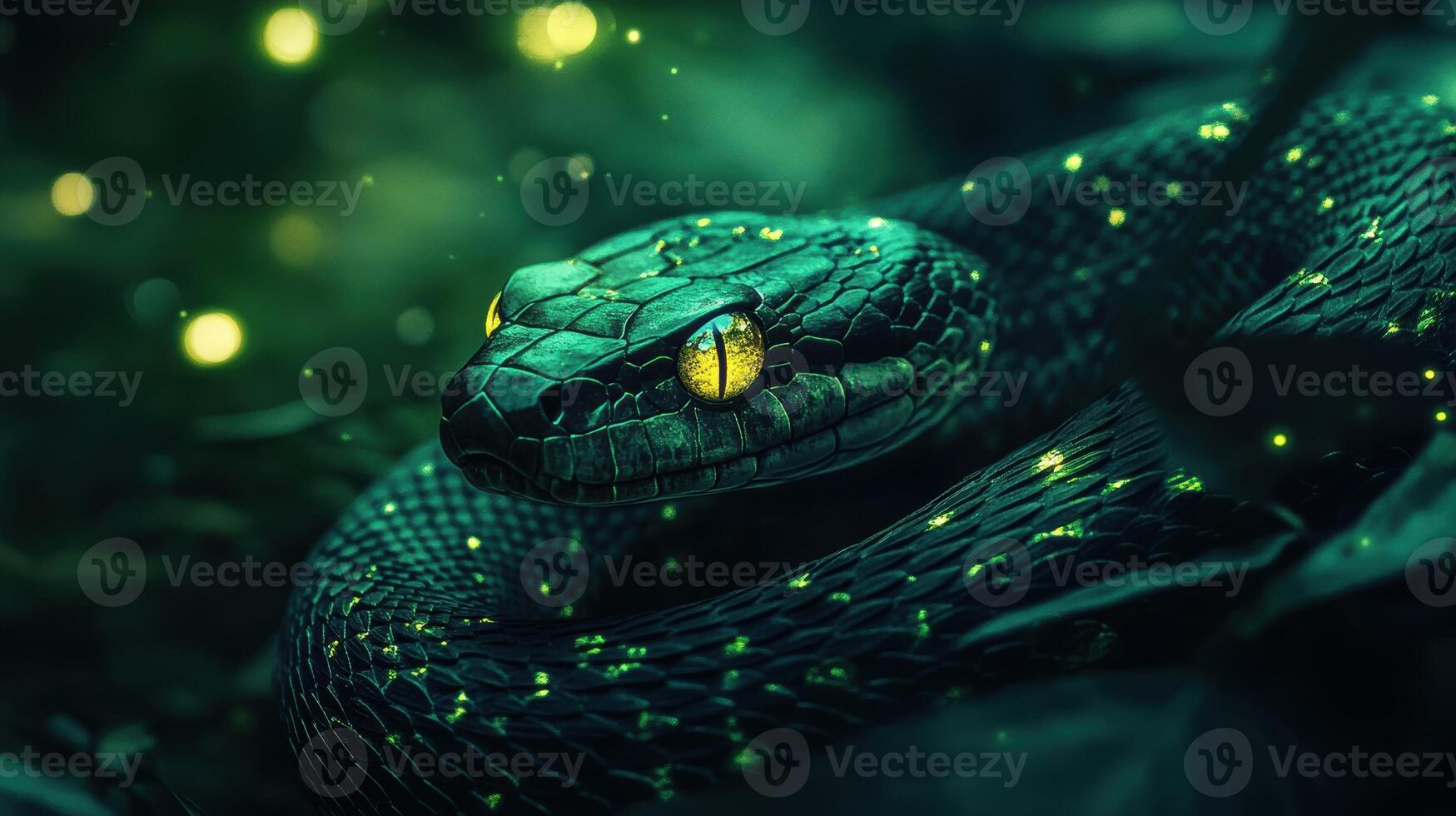 Mystical green wooden snake with glowing eyes, creating a sense of mystery. photo