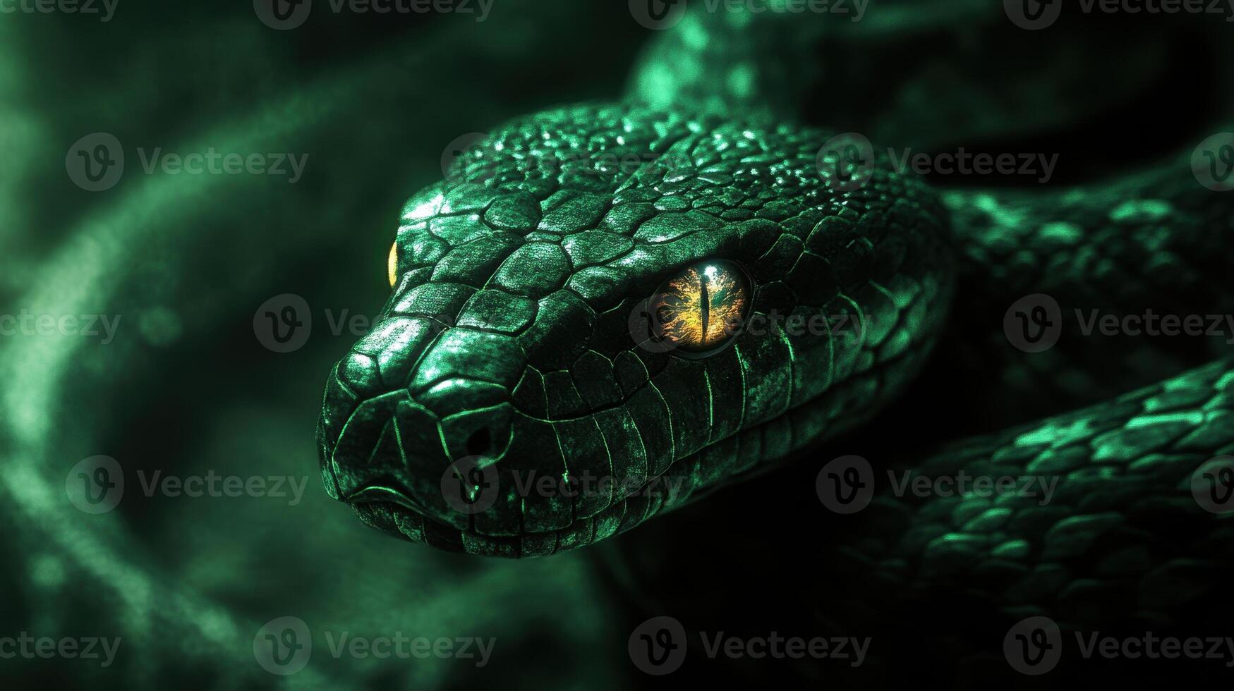 Mystical green wooden snake with glowing eyes, creating a sense of mystery. photo