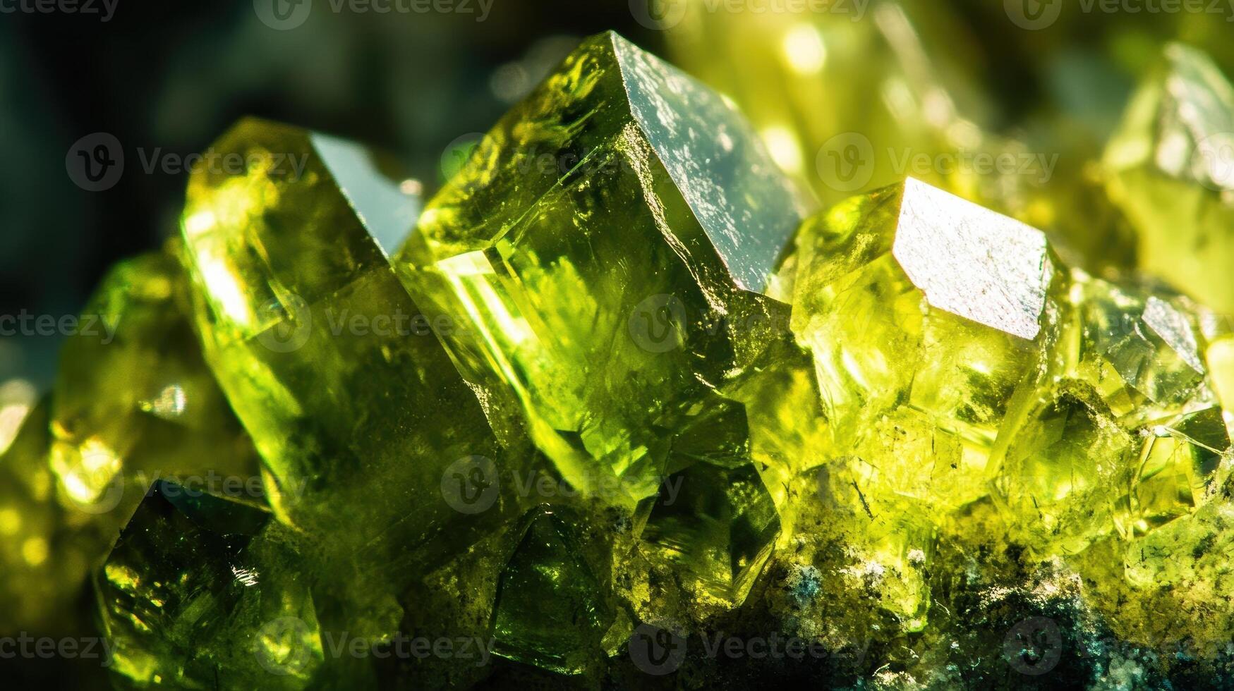 Extreme close-up of peridot surface, focusing on its rich green tones and the geometric facets of the crystal. photo