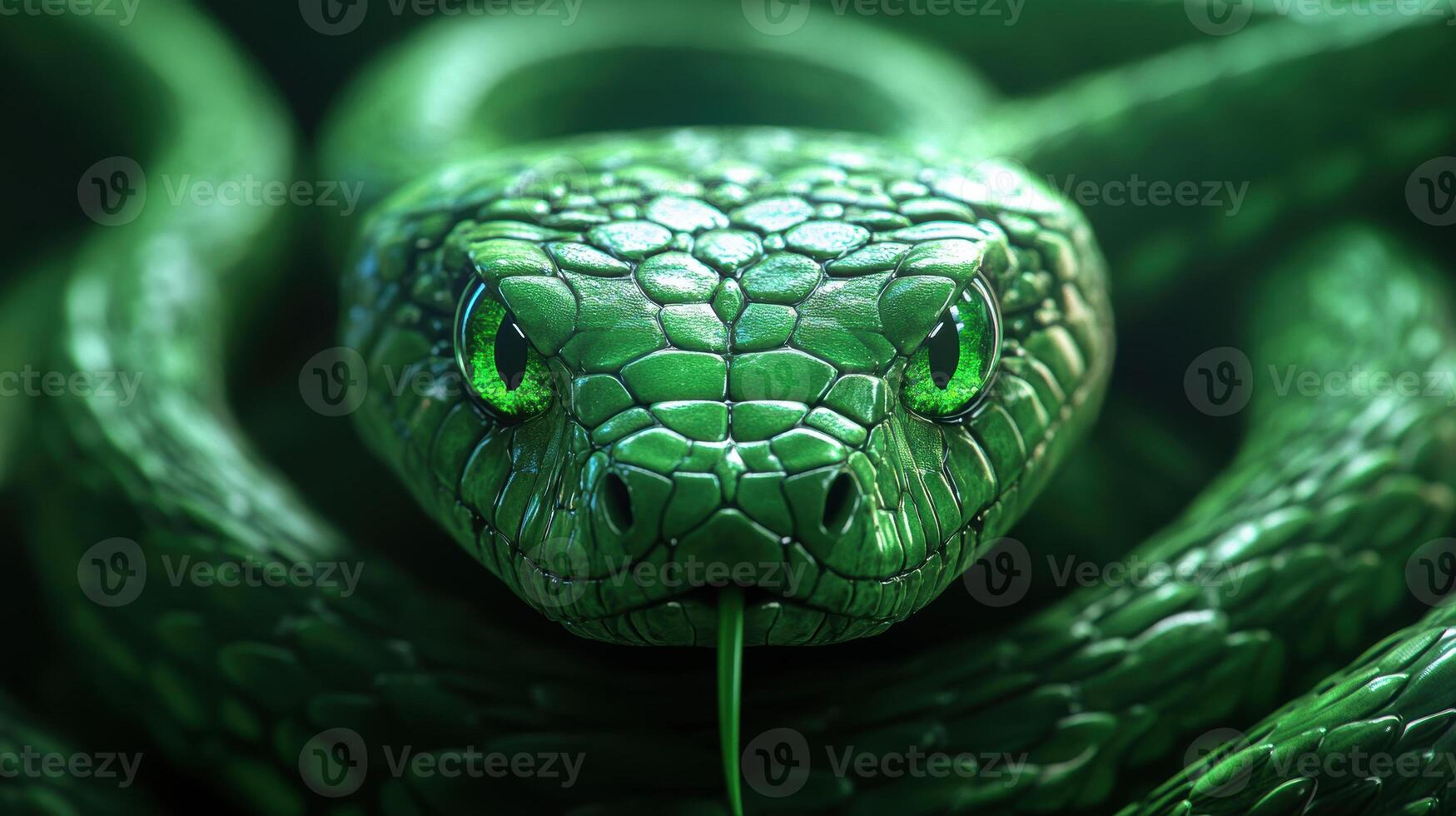 Intricately carved green snake with bright emerald eyes, symbolizing 2025. photo