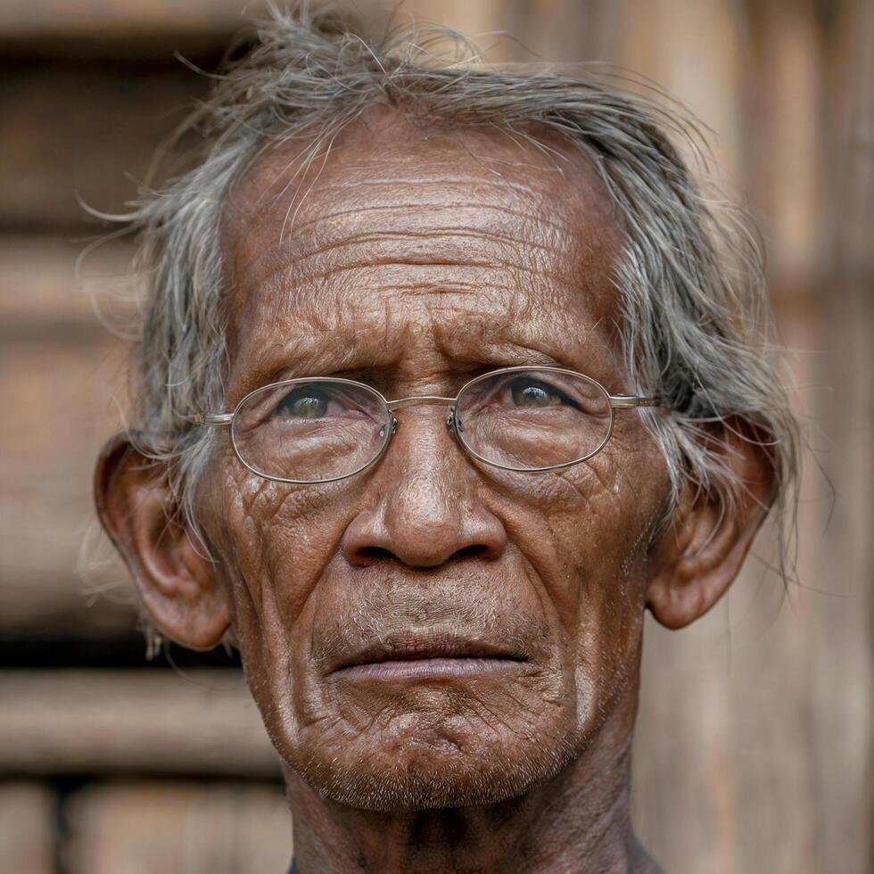 Face close up of old man, rough hair, staring at front photo