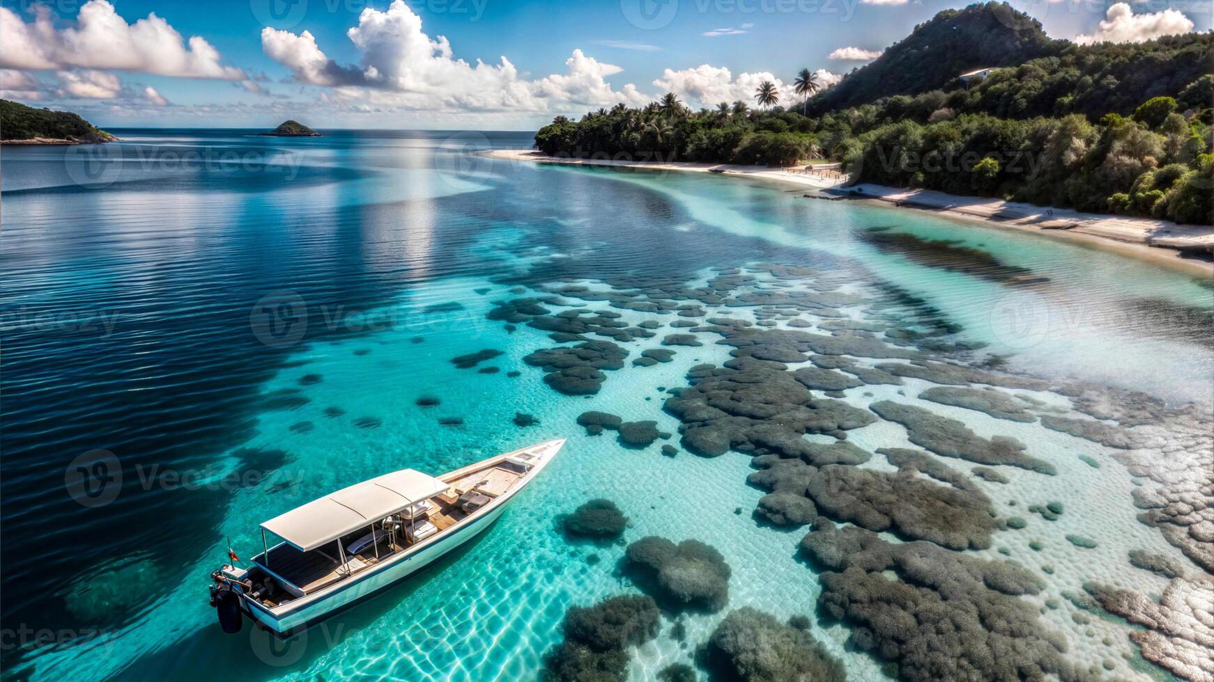 Exploring turquoise waters with a boat near a serene tropical island on a sunny day photo